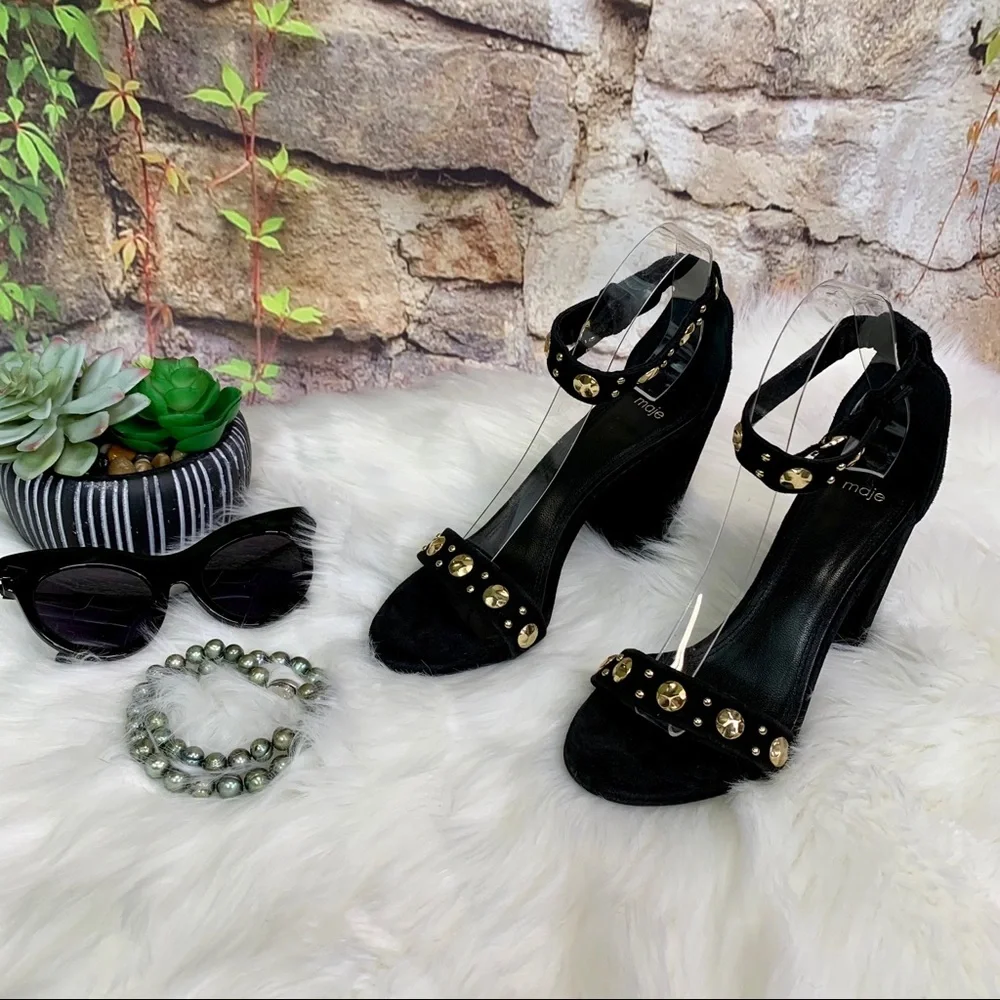 MAJE Quiet Luxury Black Suede Ankle Strap Embellished Sandals, 9